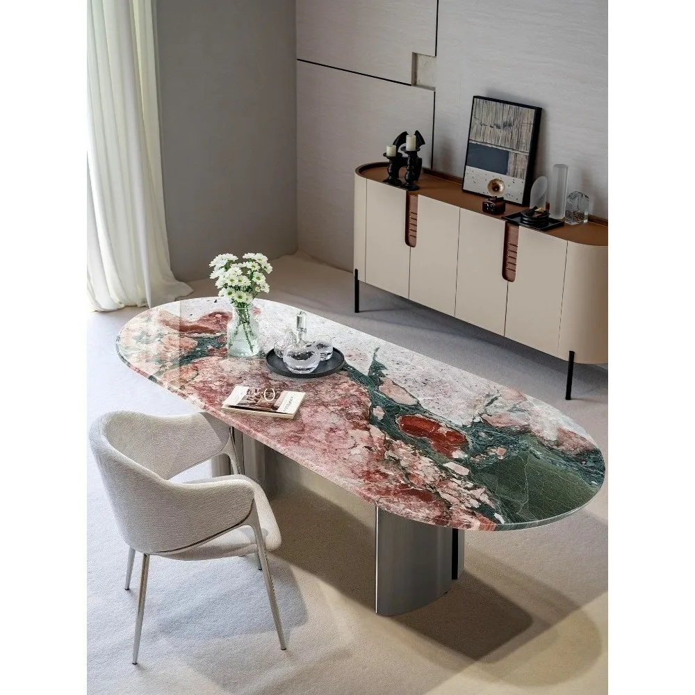 Luxury Pink Sintered Stone Dining Table Italian Minimalist Natural Marble Look Modern Rectangular Kitchen Furniture for Villa