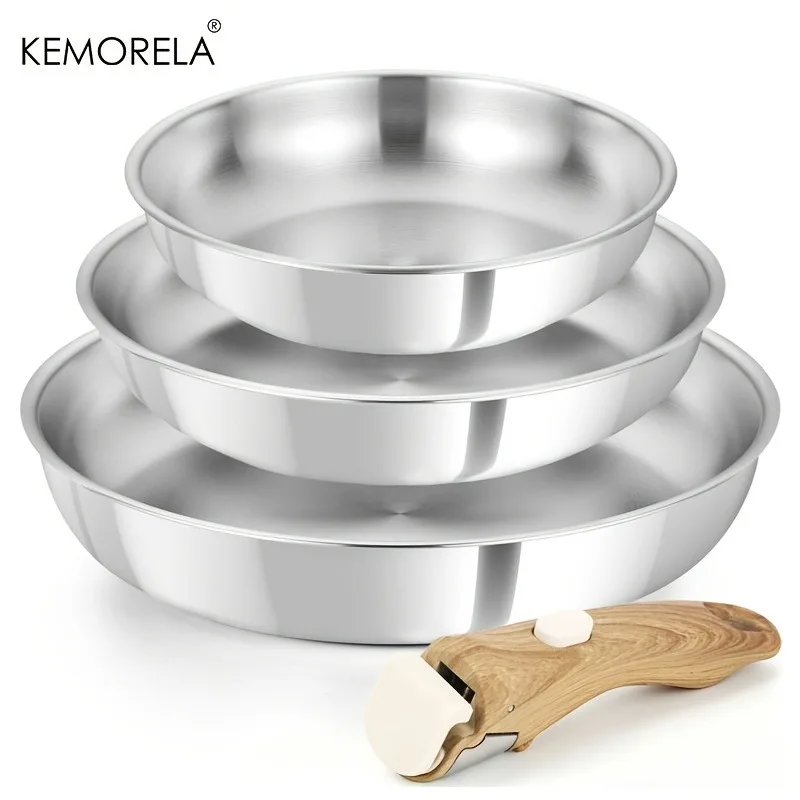 316 Stainless Steel Frying Pan Set 22/26/30cm Detachable Handle Cookware for Egg Steak Kitchen Serving Dish Induction Compatible