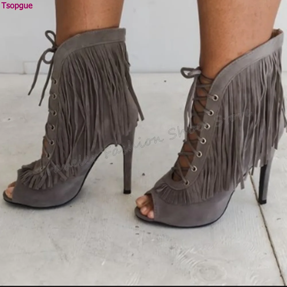 Grey Peep Toe Tassel Decor Lace up Boots Sexy Stilettos High Heels High Heel Shoes for Women Heels 2024 New Zapatos Para Mujere