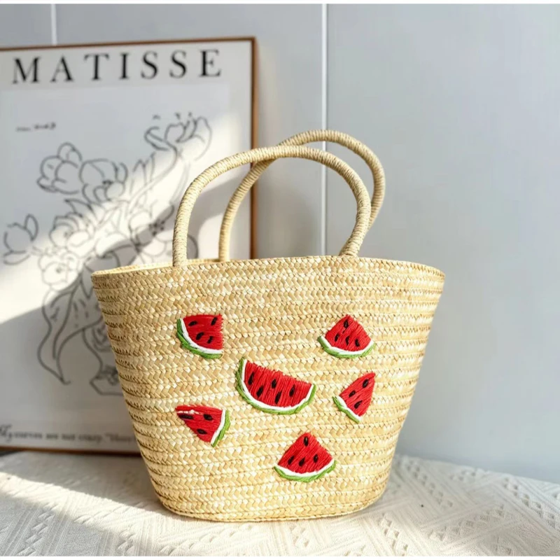 Kokosnuss-Stickerei Strohgewebte Strandtasche, Große Kirsch-Tragetasche, Damen Sommer Casual Urlaubstasche mit Schriftzug – Detail 11