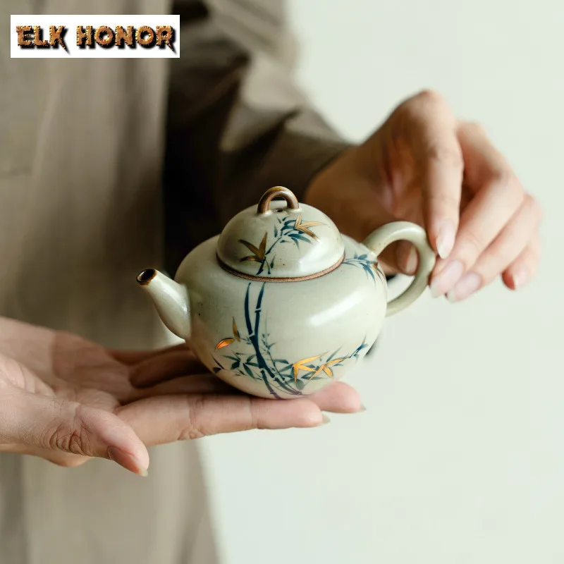 130ML Antique Gold Drawing Teapot Ancient Pure Hand-painted Green Bamboo Pot Tea Maker Filter Kettle Chinese Tea Set Ornaments