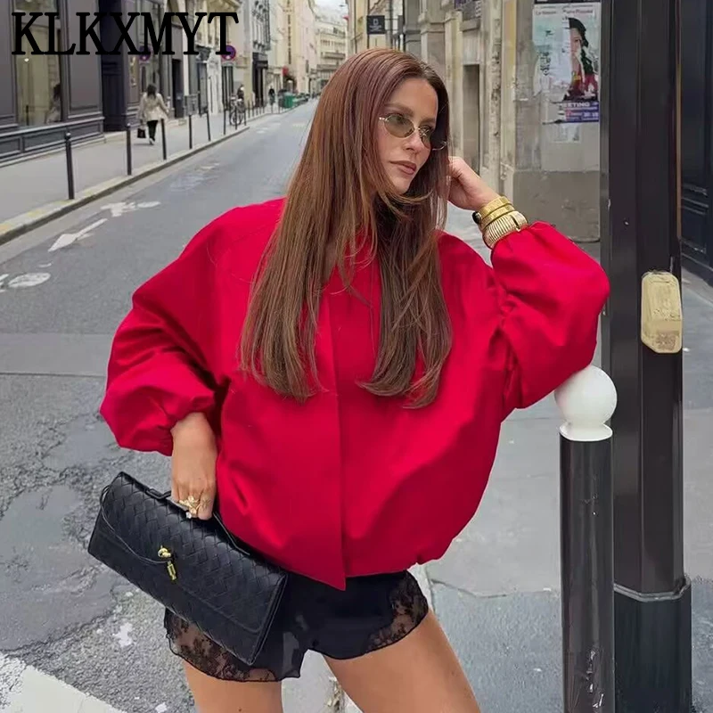 

KLKXMYT Fashion Red Short Bomber Jackets For Women Loose V Collar Long Sleeve Coat 2026 Spring Autumn Female Street Outerwear ﻿