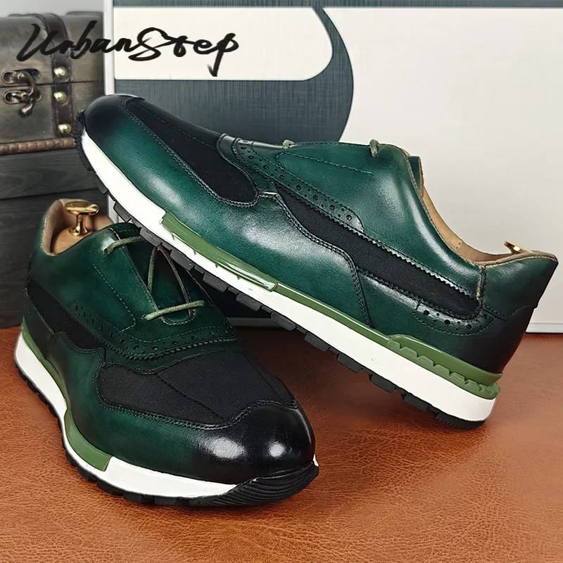 

Luxury Brand Designer Men's Sneakers Real Leather and Cloth Patchwork Lace Up Green Brogue Oxford Casual Dress Shoes for Men