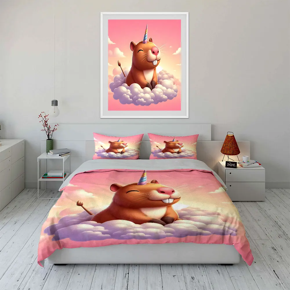 Dreamy Capybara Unicorn Riding on Clouds Duvet Cover Set with 3D Printing Design Soft Polyester Bedding Set All-Season Comfort