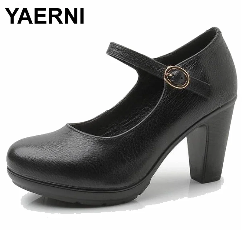 

YAERNI 2022 New Women's genuine leather Shoes Thick heels High Quality Classic Black&Red Pumps Shoes for Office Ladies ShoesE549