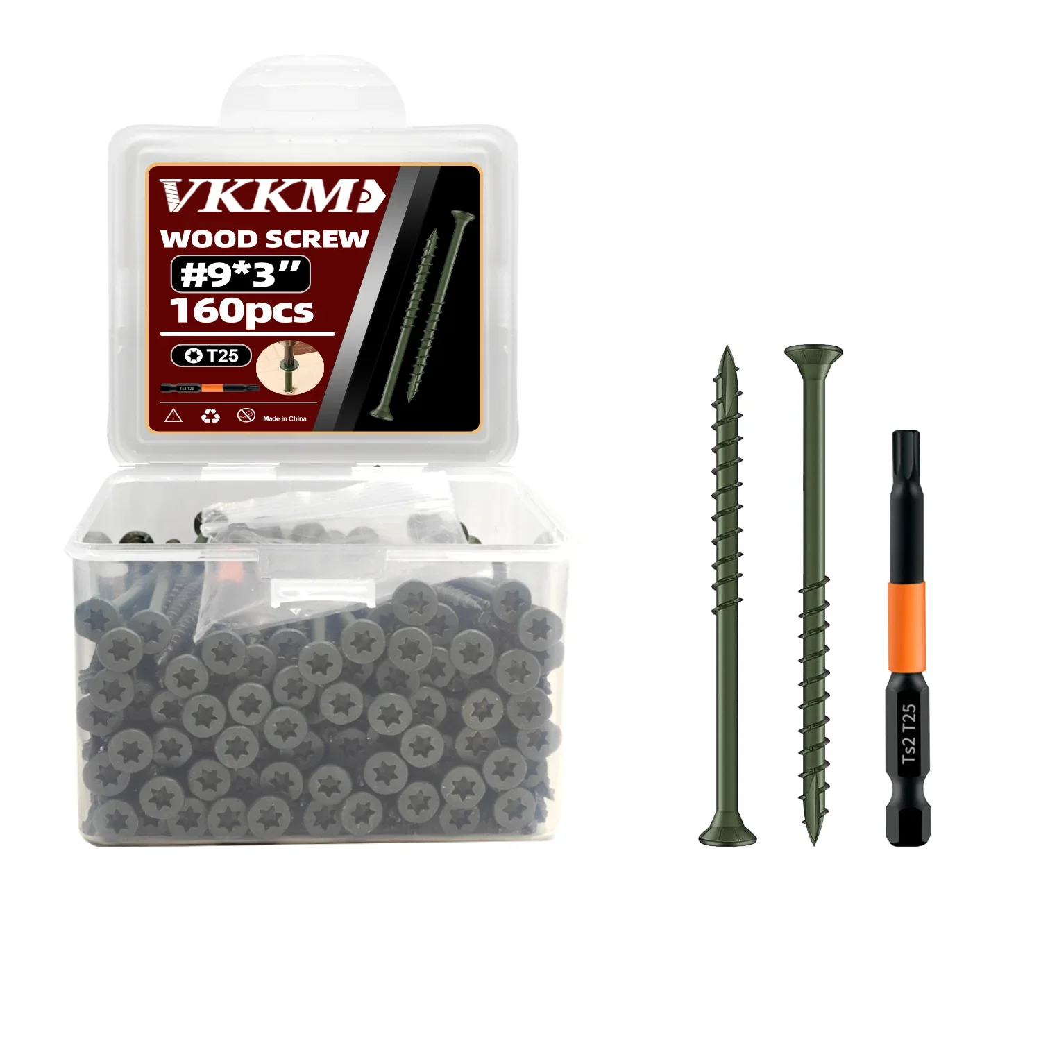 

VKKM 160Pcs #9×3" Green Wood Screws – T25 Torx Drive, Rust - Resistant, Ideal for US Decking, Fencing & Outdoor Wood Projects
