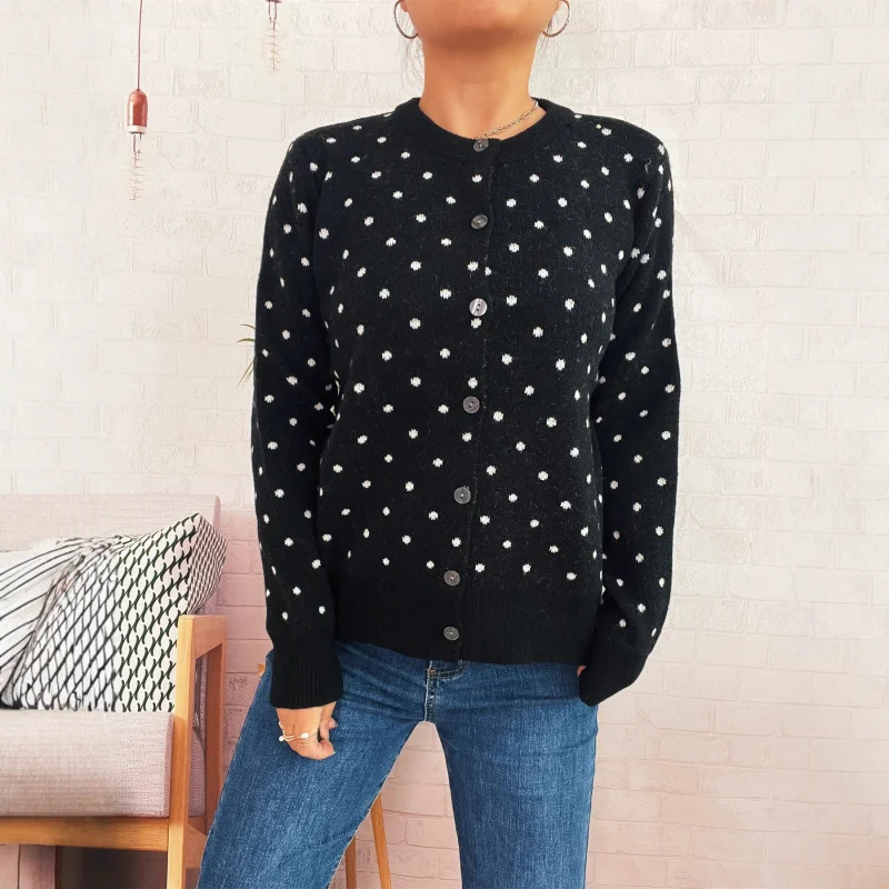 

Autumn Winter Casual Jacquard Knitted Coat Round Neck Long Sleeve Sweater Cardigan Women