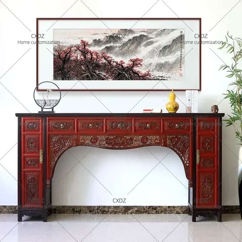 Ming Qing Style Antique Gold Lacquer Wood Carving Flower Pattern Solid Wood Flat Head Case Table Retro Entryway Console
