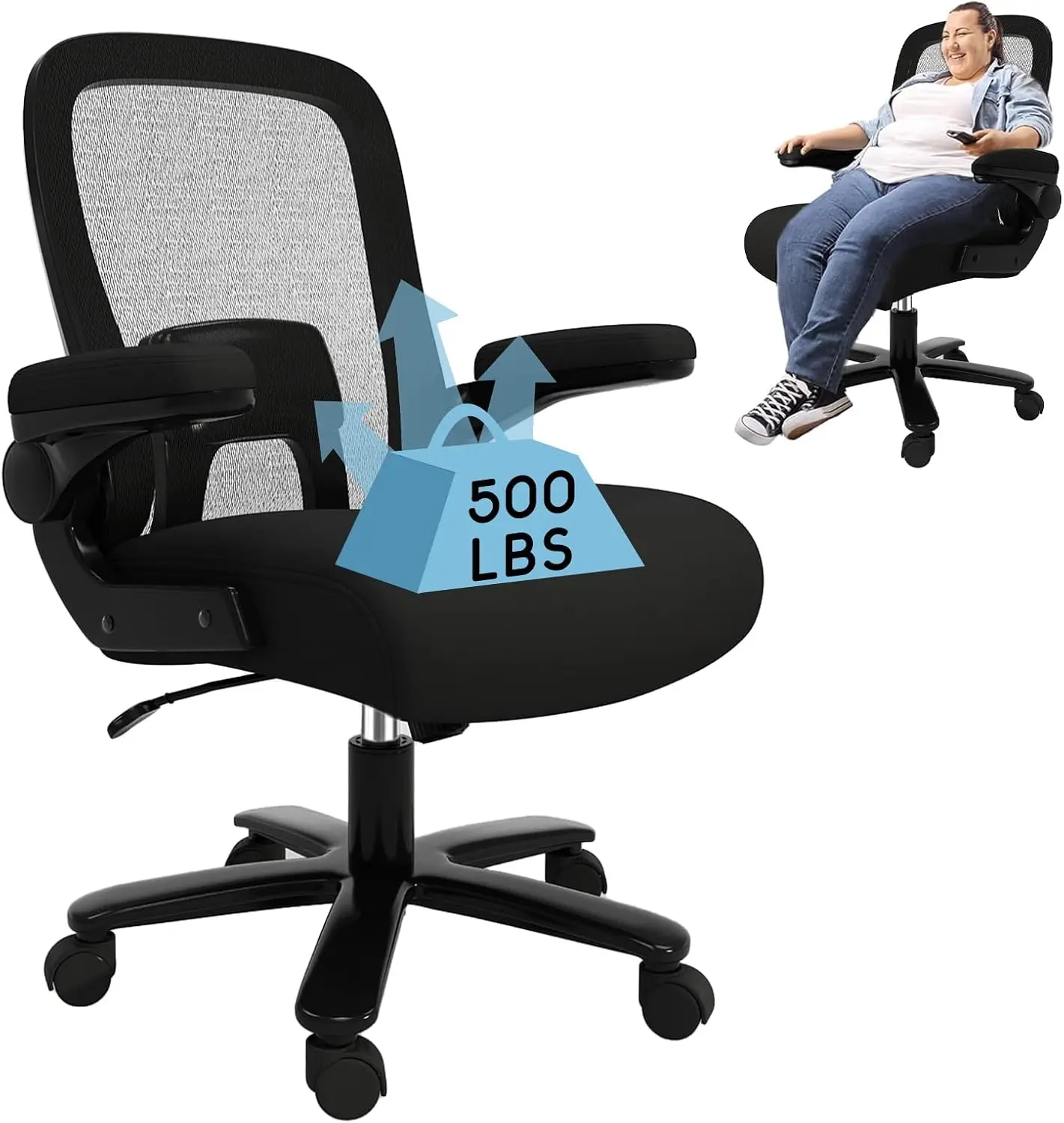 Cadeira de escritório ergonômica com suporte lombar ajustável, Heavy Duty Mesh Desk Chair, Grande e Alto, 500 lbs