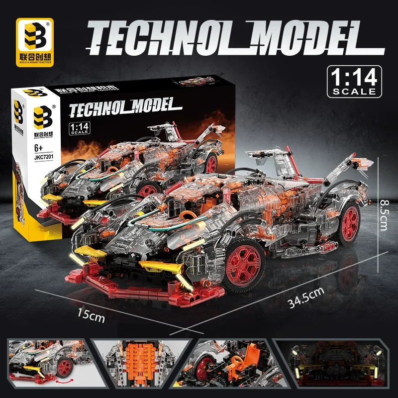 透明 V12 ブロックロードスター RC テックレーサー 1:14DIY ロードスタービルディングブロックアセンブリブロック車のおもちゃの誕生日ギフト