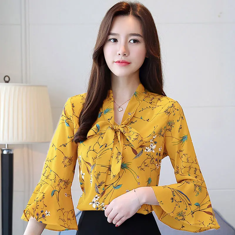 Floral Print Covering Belly Three Quarter Sleeve Chiffon Shirt for Women\'s Summer New Korean Version Stylish Loose Bottomed Top