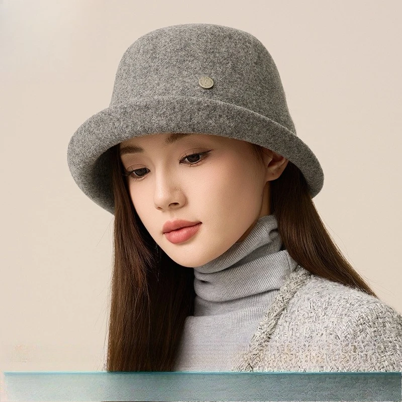 Autumn and Winter British Retro Fashion Wool Fisherman Hat Foreign Elegant Celebrity Travel Curled Felt Basin Hat