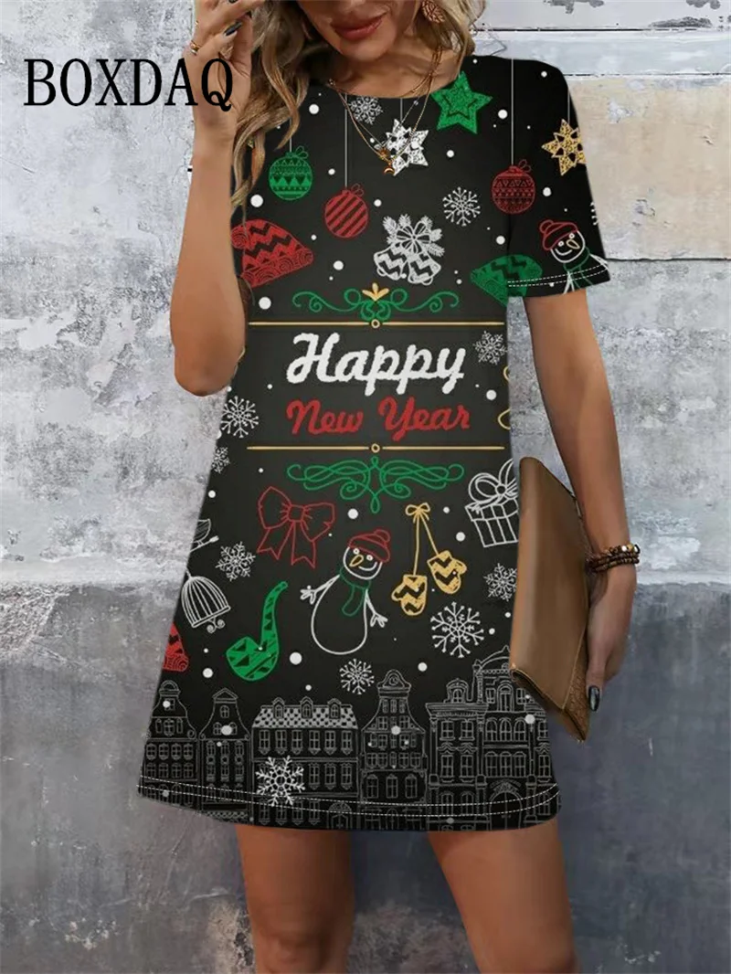 Merry Christmas Women Dress Fashion Elegant 3D Christmas Print Short Sleeve Mini Dress New 2024 Casual Ladies Loose Sundress