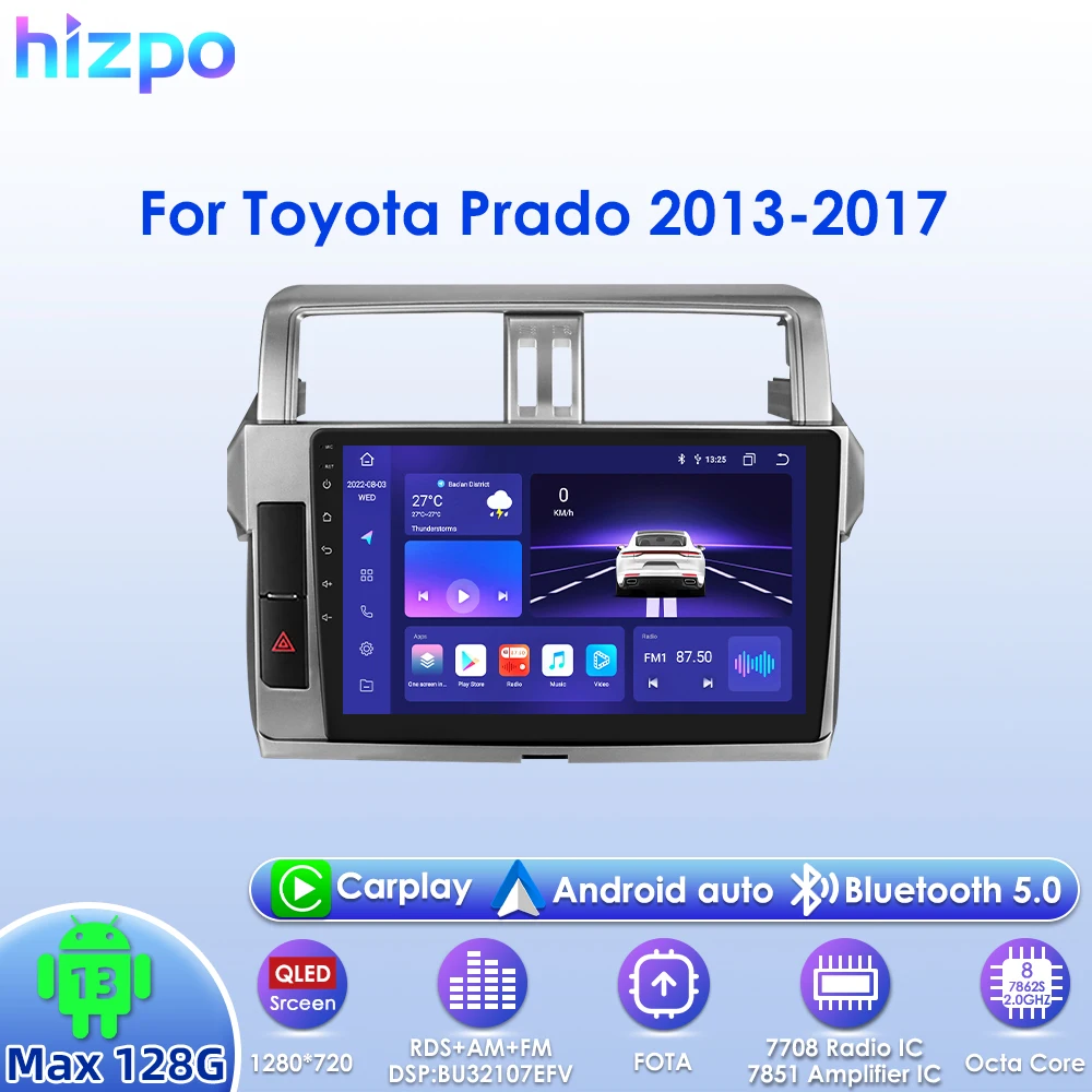 

Hizpo 10,1-дюймовый автомобильный радиоприемник Android для Toyota Land Cruiser Prado 150 2013-2017 Мультимедийная GPS-навигация DSP RDS CarPlay 4G SWC