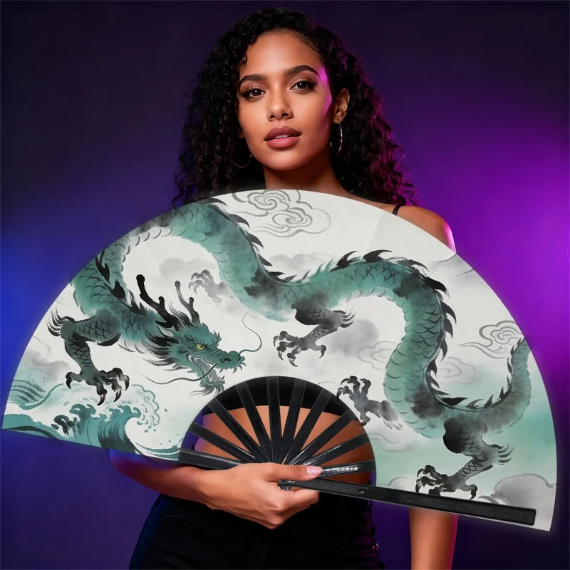 Portable Fan for Men, 1pc, Made of Polyester, Featuring a Stylish Dragon Design in Teal And Black, Perfect for Everyday Use And Outdoor Events, a Trendy Cooling Accessory for Fashionable Gentlemen, Without Battery
