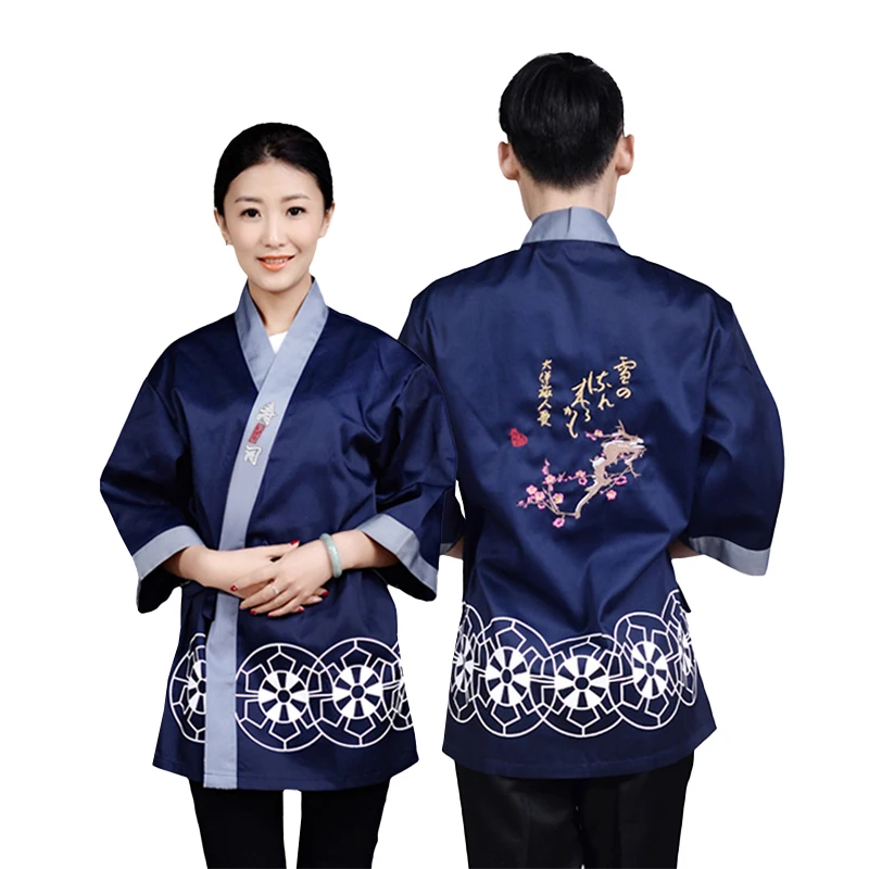 Unisex Kimono szef kuchni ubrania w stylu japońskim haftowana kurtka kuchenna szef kuchni mundur hotelowy Sushi restauracja kelner ubrania robocze