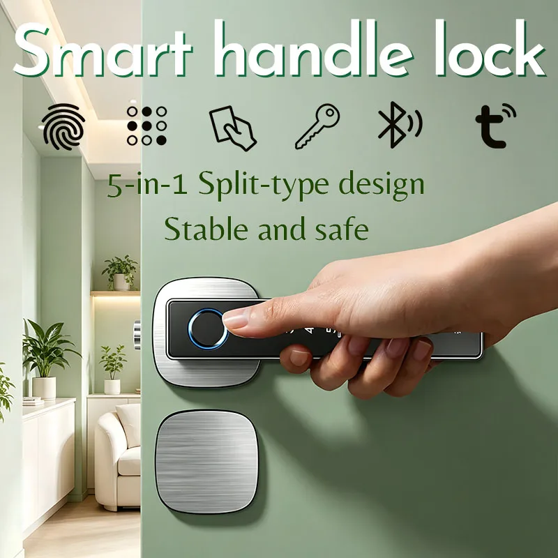 Smart Lever-handle Lock 5-in-1 Split-type Design Stable and Safe Security Door Handle Fingerprint/Password/Key/Tuya/Card Unlock