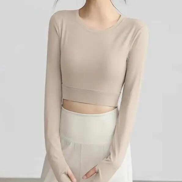 Womens Autumn Winter Long Sleeve Yoga Top Sexy Cutout Back With Built In Bra Pad Pilates Running Fitness Workout Shirt
