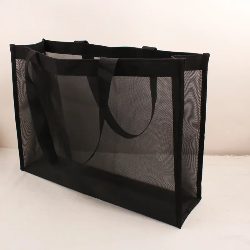 Black Mesh Tote Bag, Large Capacity See‑through Net Shoulder Handbag for Beach, Shopping, Travel Daily Storage Use