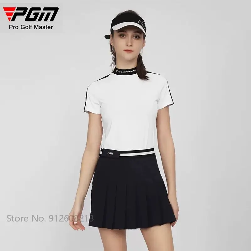 PGM Summer Female Short Sleeve Tops Women Elastic Stand Collar Golf Shirts Slim Golf Wear Patchwork Quick-dry Sports T-shirts