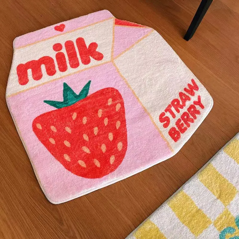 Cute Milk Floor Mat Pink Strawberry Household Bedside Carpet Cartoon Room Decoration Anti Slip Rugs Aesthetic Rug