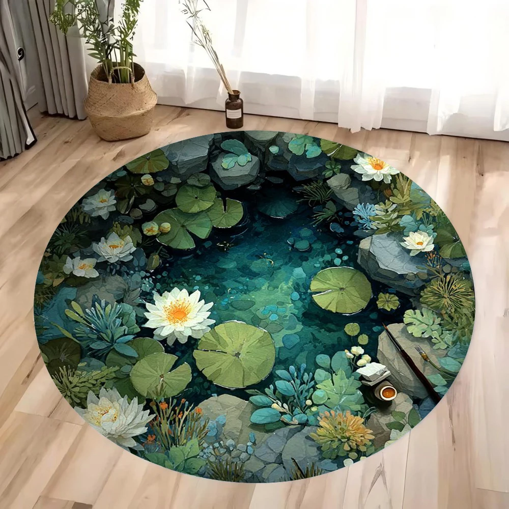 2D Stone Cave Koi Printed Carpet Anti Slip Mat in Lotus Pond Area Living Room and Bedroom Decorative Carpet Natural Landscape