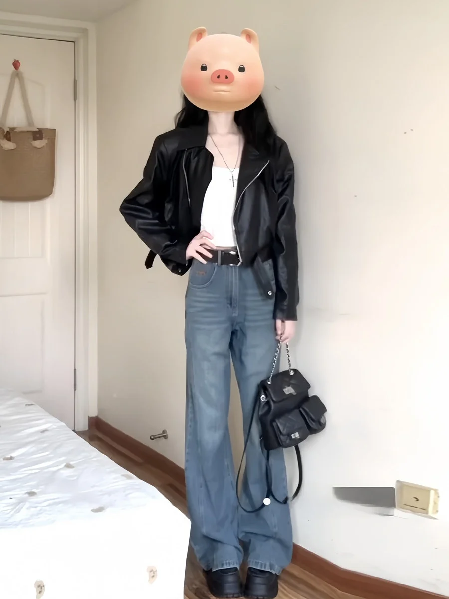 

Черная женская куртка из искусственной кожи в стиле ретро, мотоциклетный стиль, элегантная, с молнией, прямого кроя, с длинными рукавами, в гонконгском стиле