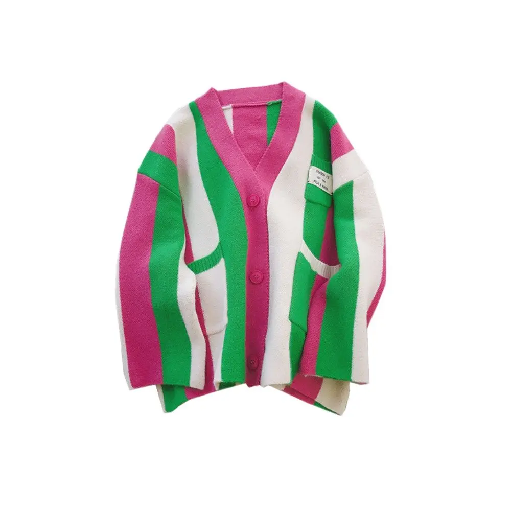 

Popular Pink Green Striped Color-block Knitted Cardigan Loose Greek Sorority A Sign Club Sweater Coat For Girl Women