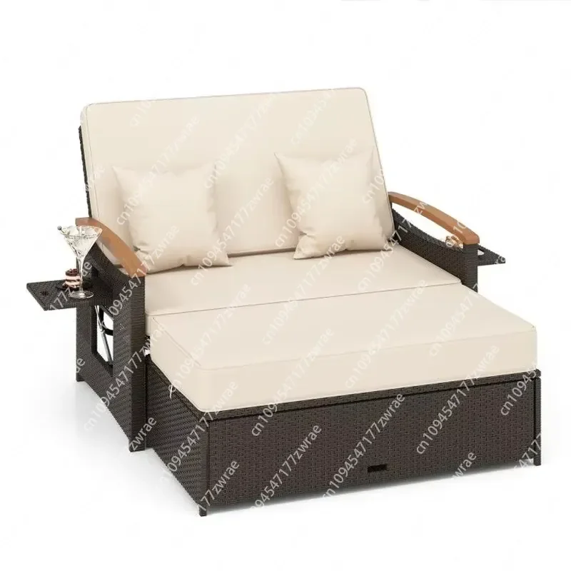 Outdoor Wicker Patio Furniture Daybed with Folding Panels and Storage Ottoman
