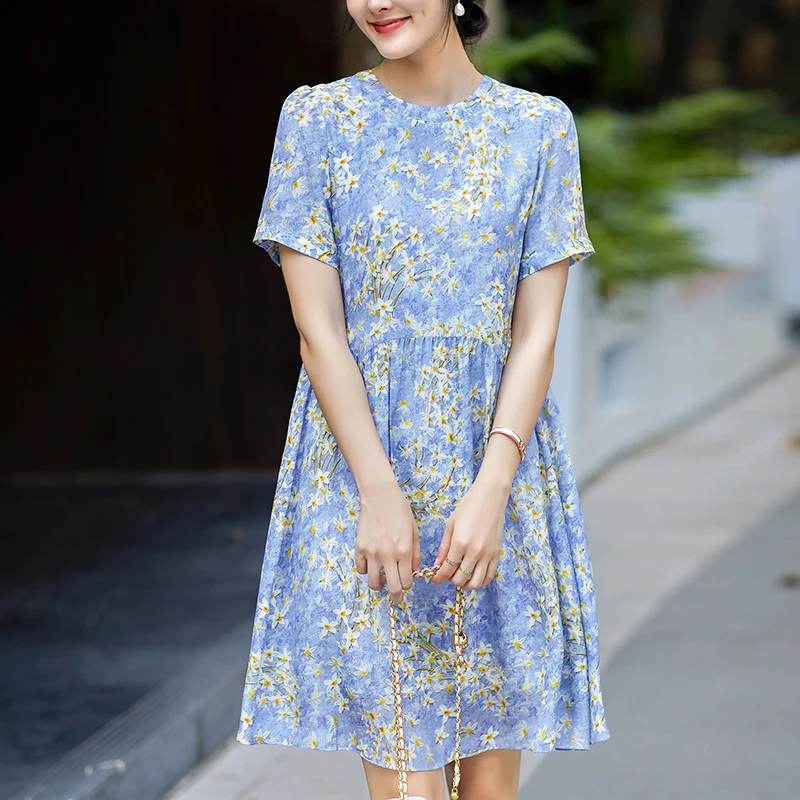 

100% Real Silk Women's Summer Dress Short Sleeve Elegant Fashion Dresses For Women Prairie Chic Woman Floral Print Dress A-line