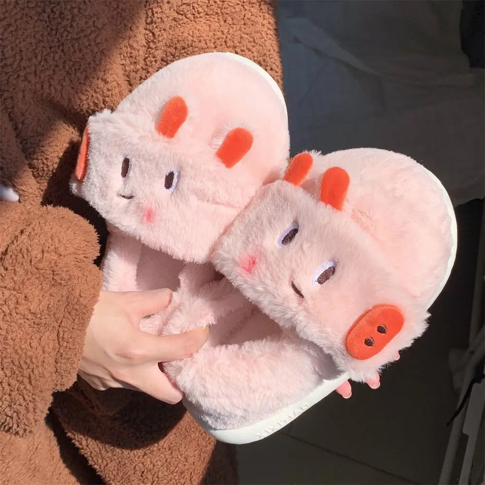 

Novelty pink piggy overlap shoes for women 2024 new fun side nose slip on fur slides woman warm winter plush slipper home