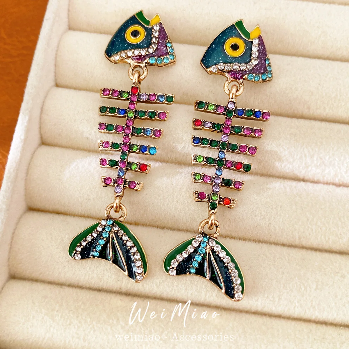 Colorful Crystal Fish Skeleton Drop Earrings Green Purple Enamel Head Tail Segmented Articulated Dangle Halloween Jewelry