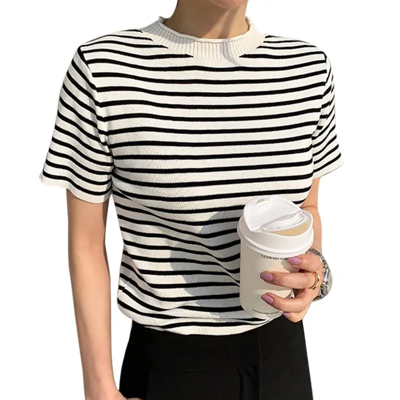 Summer Knit Striped T-shirt O-neck Short Sleeve Top Women\'s Casual  Office Knitwear Tee Female Fashion All-matched Shirt Tops