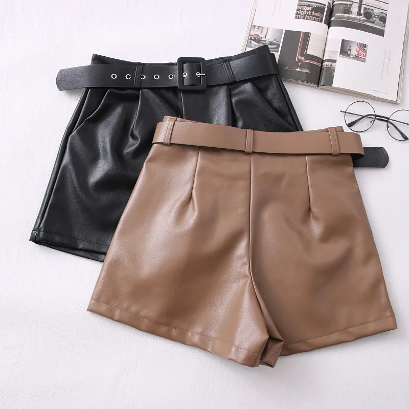 2026 nowe, modne i uniwersalne spodnie z szerokimi nogawkami z wysokim stanem, wyszczuplające, z ekoskóry PU, szorty codzienne damskie - z paskiem