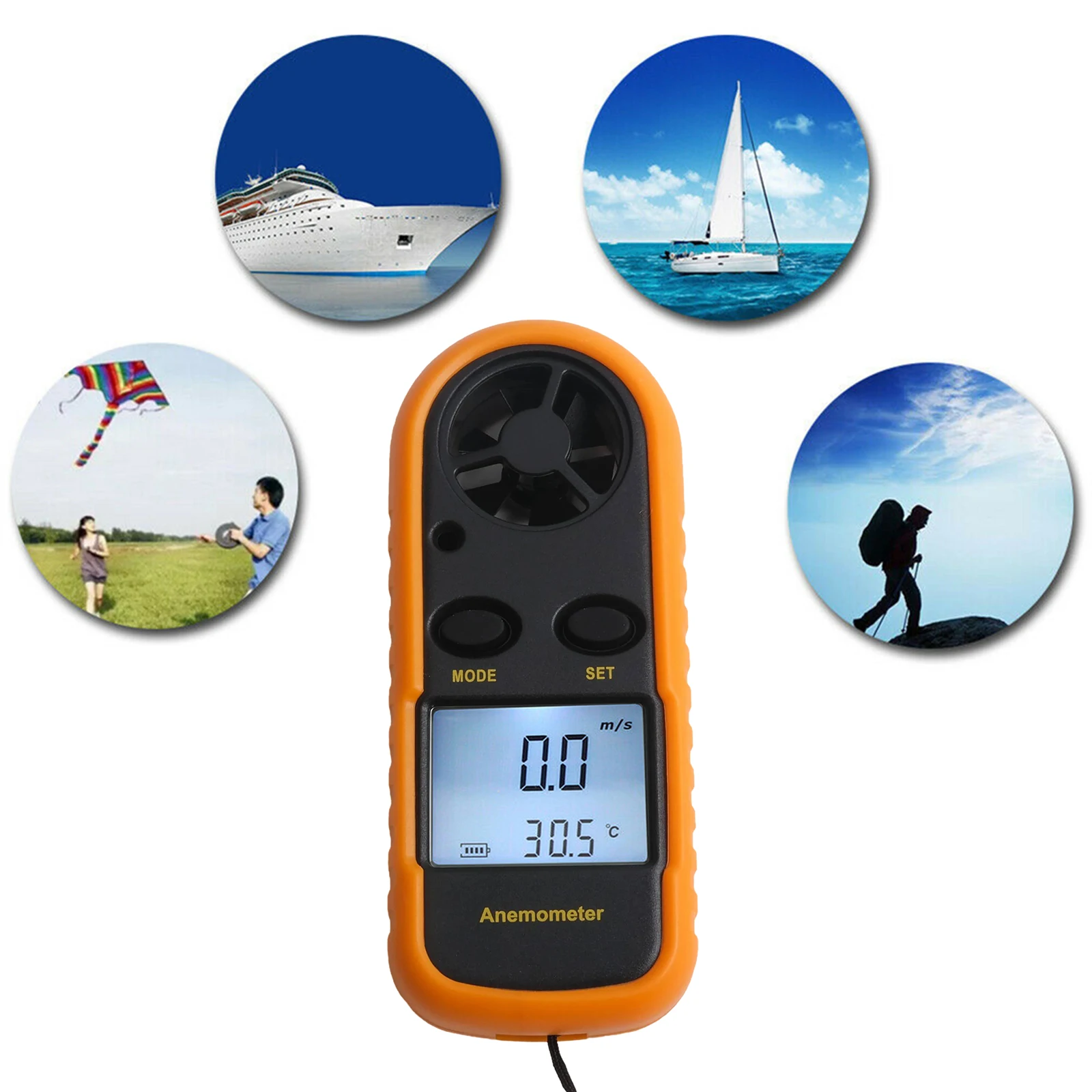 0 - 30m s Temperature Gauge Digital Thermometer For Outdoor Use LCD Display Outdoor Wind Tester High-Precision Sensor