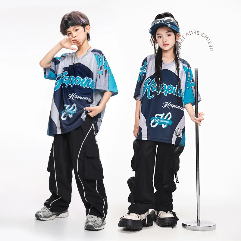 

Children Ballroom Hip Hop Dance Costumes for Girls Blue T-Shirts Cargo Pants Suit Teenagers Jazz Performance Stage Wear