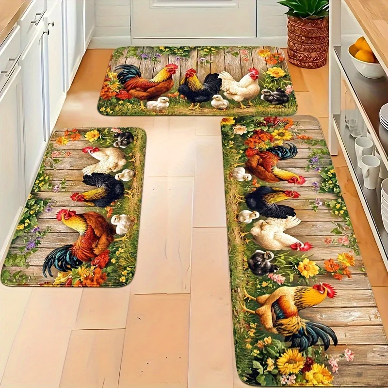 2/3 Piece Farmhouse Rooster Kitchen Carpet Set, Country Chicken Carpet, Flannel Anti Slip Stain Resistant Lightweight Machine