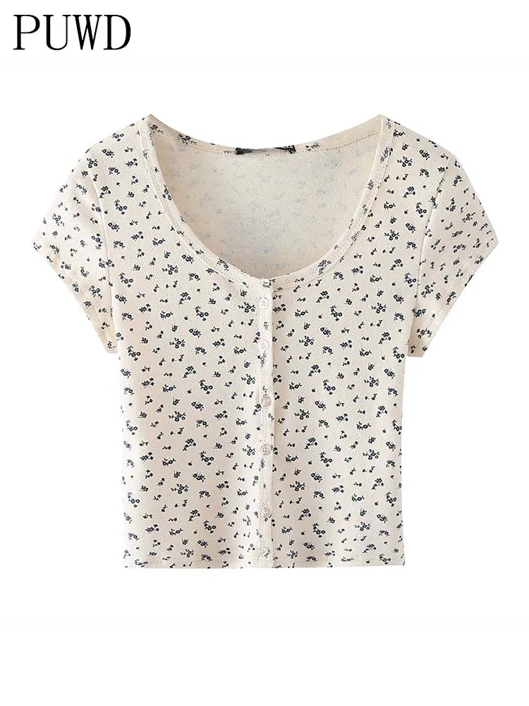 PUWD Sweet Girls Beige O Neck Flower Print Tshirts 2022 Summer Fashion Ladies Short Sleeve Tops Casual Women Chic Tees