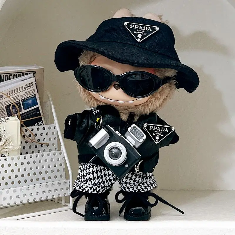 15cm plush doll with first and second generation jacket, cool hat, suspenders, and accessories in a sitting pose