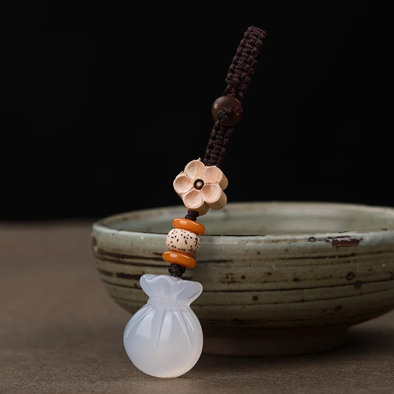 Glücksbringer Geldbeutel-Anhänger aus Natürlichem Chalcedon-Jade, Handykette, Autoschlüsselanhänger, Schlüsselband für Frauen, Geschenke