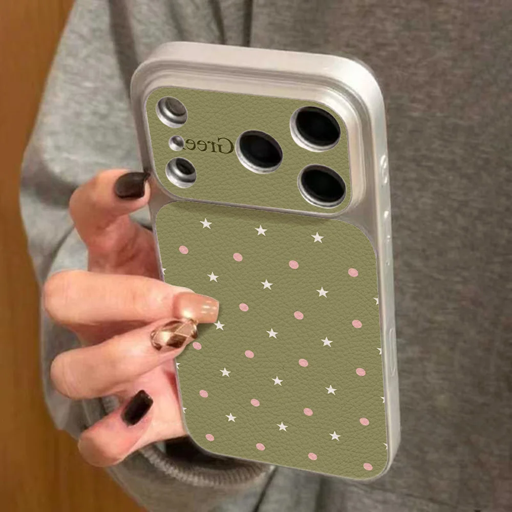 Forest Green Leather Phone Case For iPhone 18 Pro Max Case iPhone 17 16 15 14 13 12 11 Pro Max Stars Polka Dots Shockproof Cover - view 5
