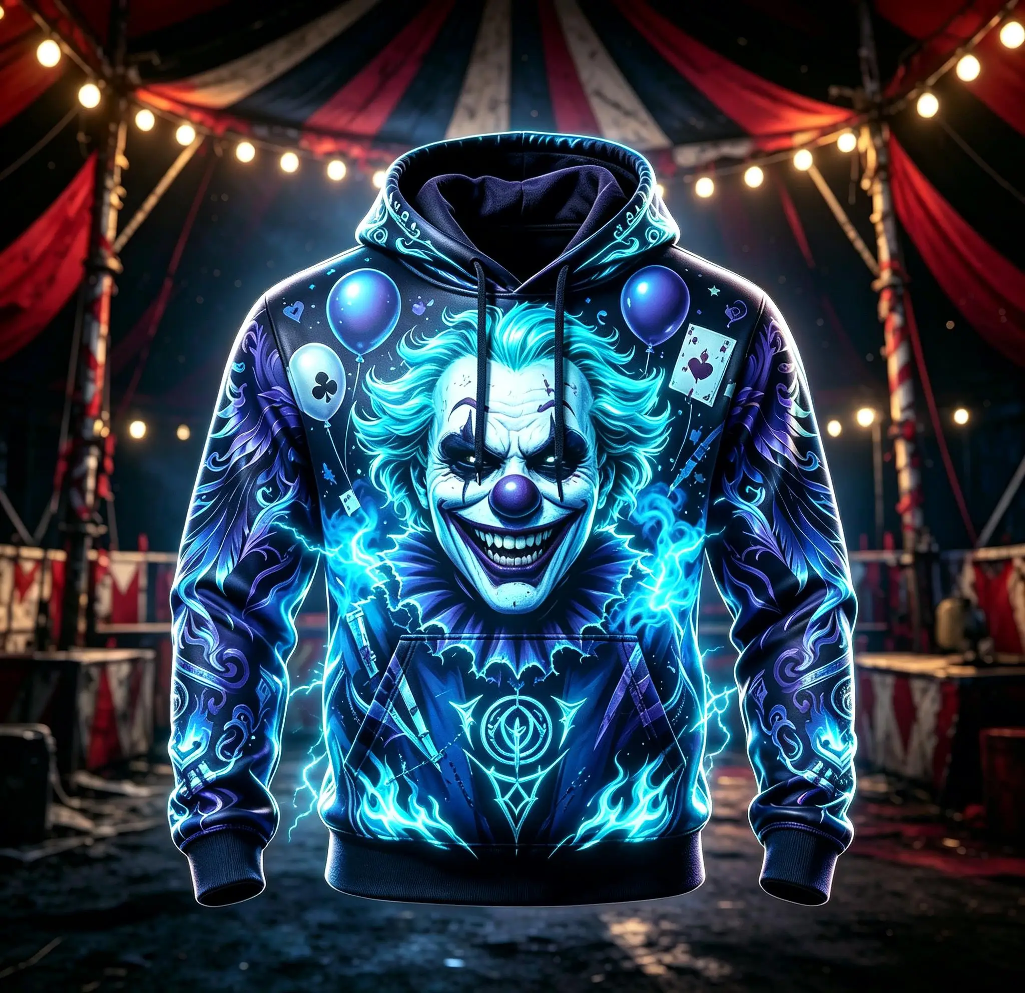 Men Fleece Lined Hoodie Red Purple Horror Clown Circus Balloon Flame Full Print Drawstring Pullover Sweatshirt