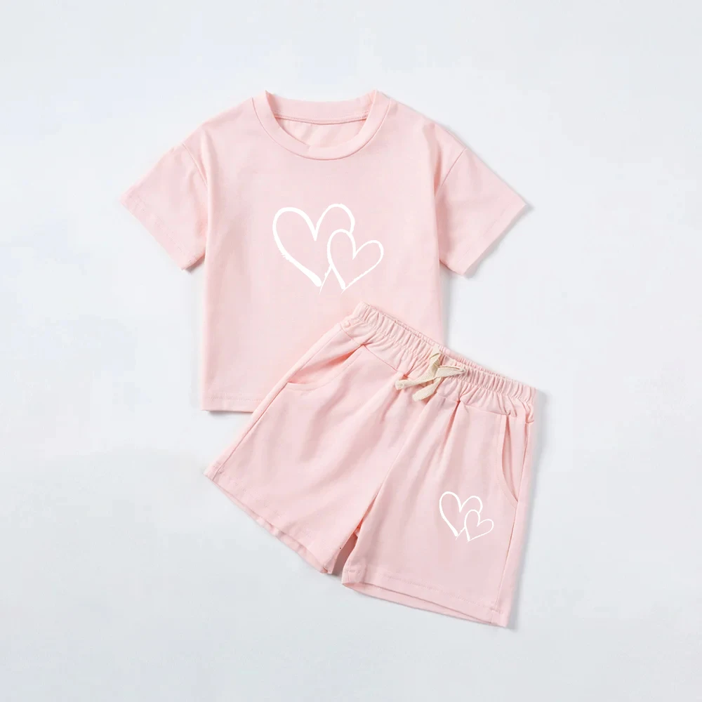 Children Heart Print Cotton Clothes Sets Summer Shorts Sleeves Shorts 2pcs Clothes Sets Love Baby Girls Boys Casual Outfits