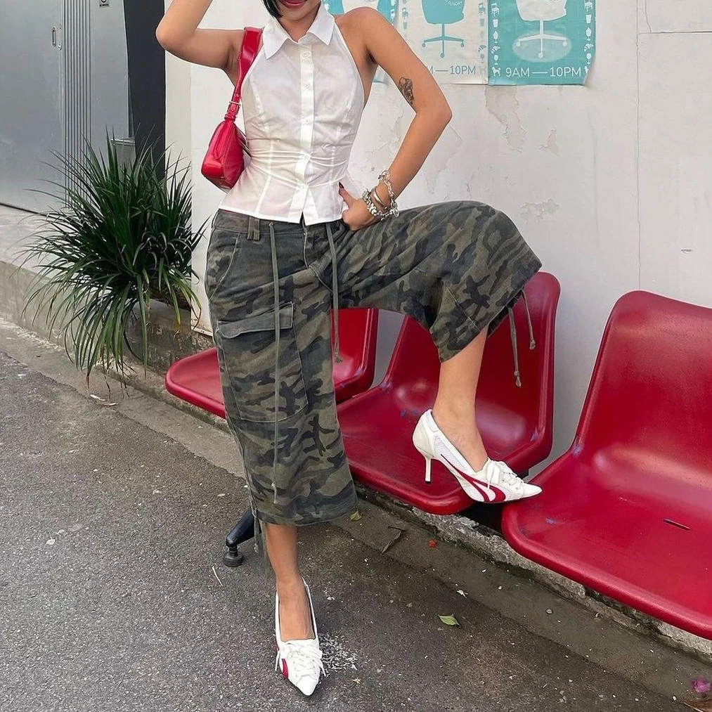 

Women Calf Length Pant Jeans Wide Leg Pants Denim Vintage Camouflage High Waist Trousers Y2k Streetwear Elegant Work Casual