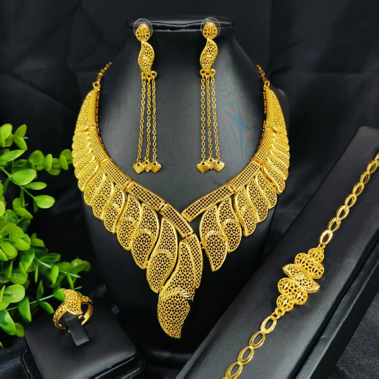 Luxury 24K 9999 Pure Gold real gold Dubai Middle East Tassel Women's Necklace Earrings Set
