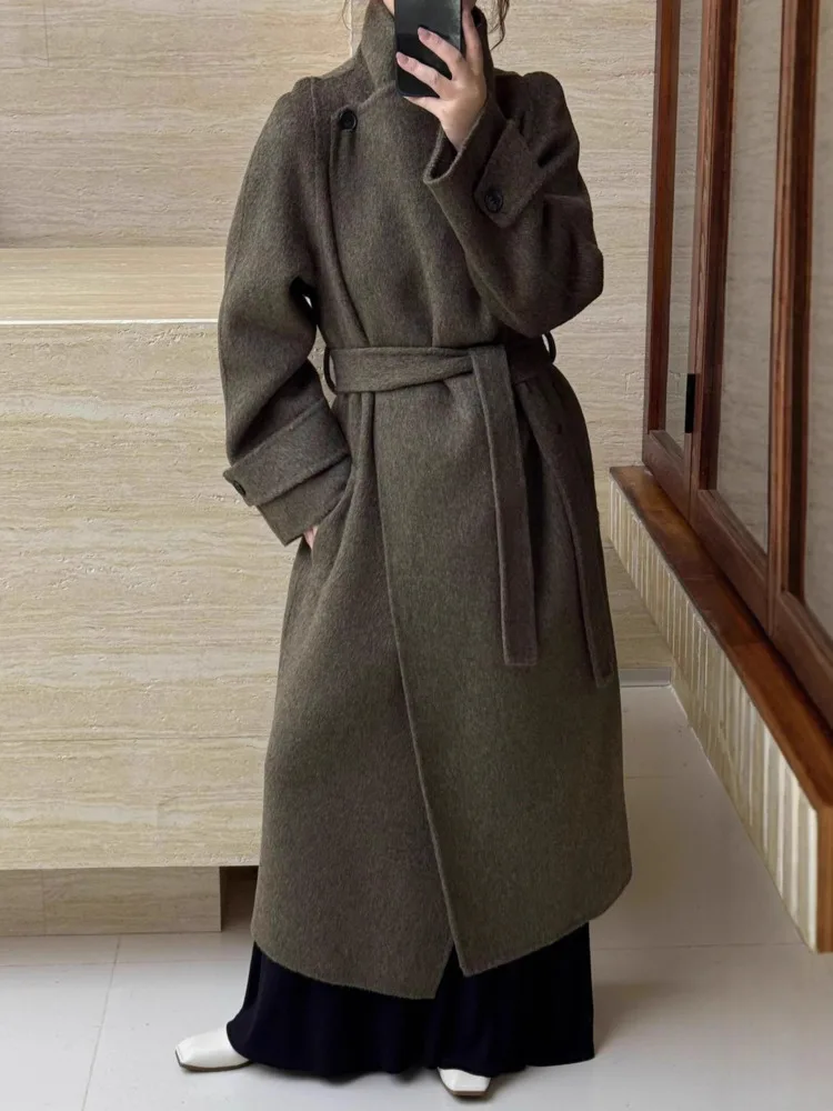 ZMEENNA manteau Long en mélange de laine pour femme avec ceinture col haut décolleté montant veste d'hiver élégante décontractée ZM3628