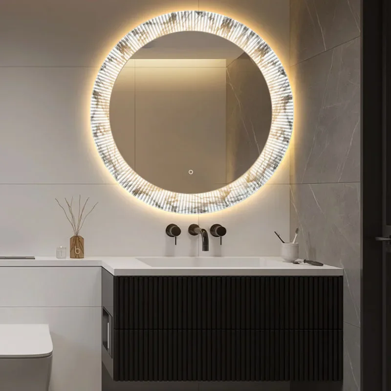 Smart Round LED Bathroom Mirror with Marble Pattern Wall Mounted Backlit Vanity Mirror with Touch Control for Bathroom Decor