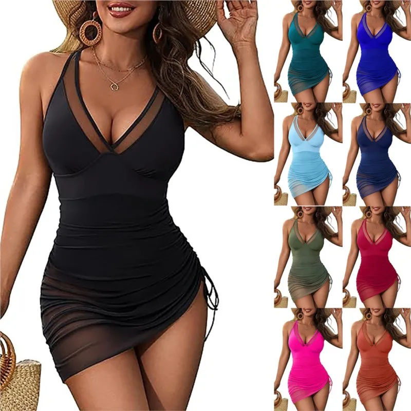 

Vigoashely 2025 Solid Mesh Patchwork Swimwear Women Sexy Push Up One Piece Swimsuit Bikini Lady vestidos Beach Bathing Suit
