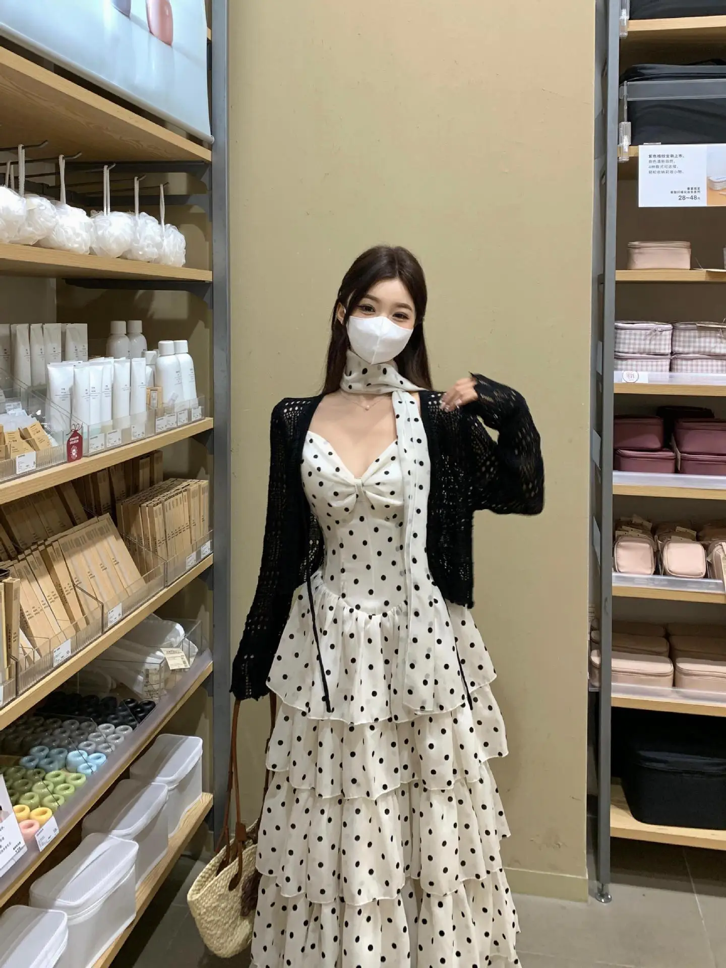White Black Polka Dot Bow V-Neck Tiered Maxi Dress Women Matching Neck Scarf Sleeveless Ruffle Layered Long Dress