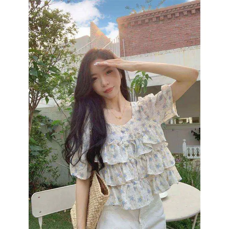 Sweet Square Collar Puff Sve Chiffon irt Women's Summer Faion Straight Cut  Knot Cold oulder Thin Cotton Bl...
